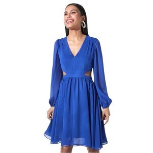 RW&CO. Chiffon V Neck Long Sheer Puffy Sleeve Dress With Cutouts Size 10